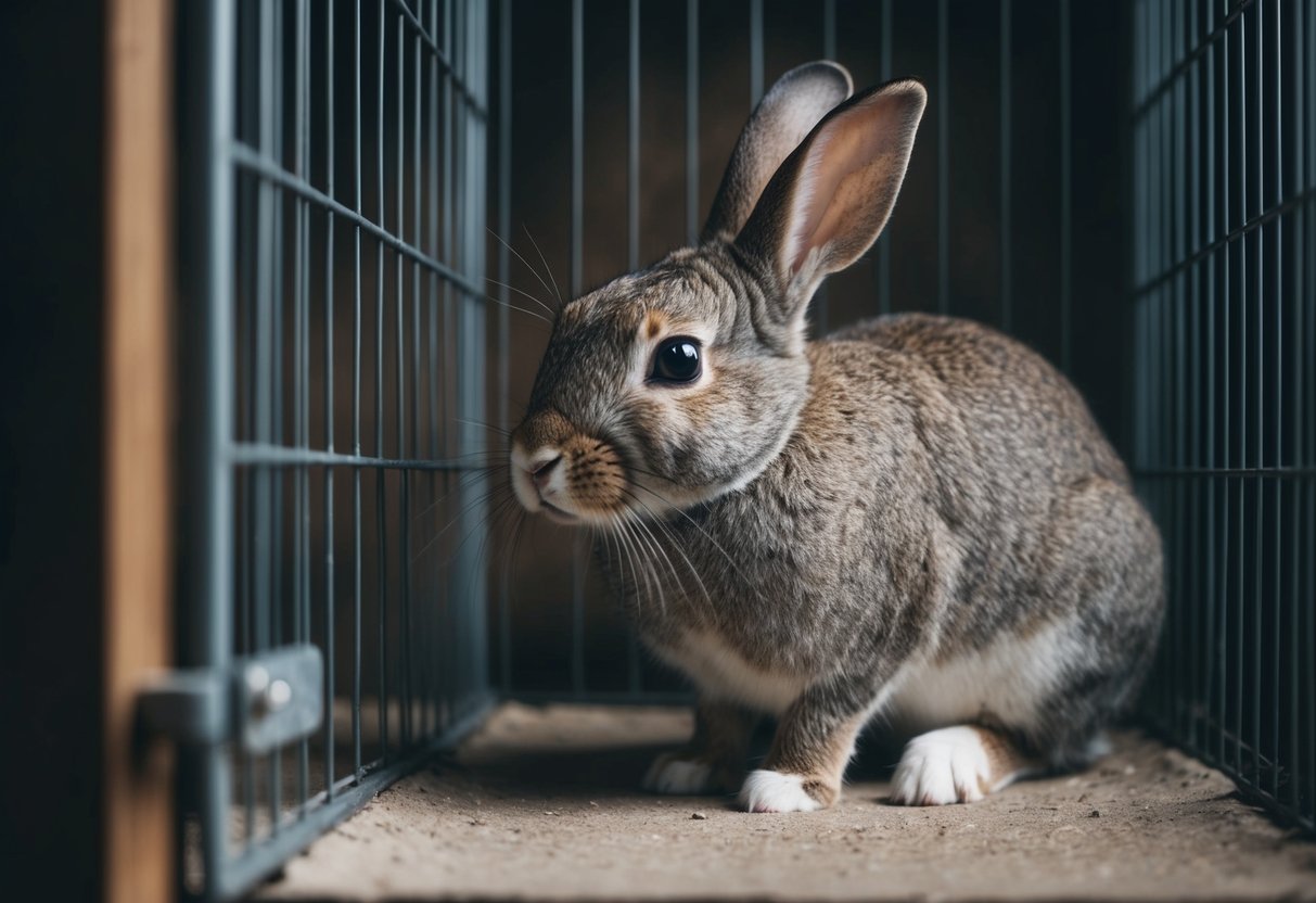 A rabbit sits hunched in a dimly lit corner of its cage, ears drooping and fur unkempt. Its usually bright eyes appear dull and listless