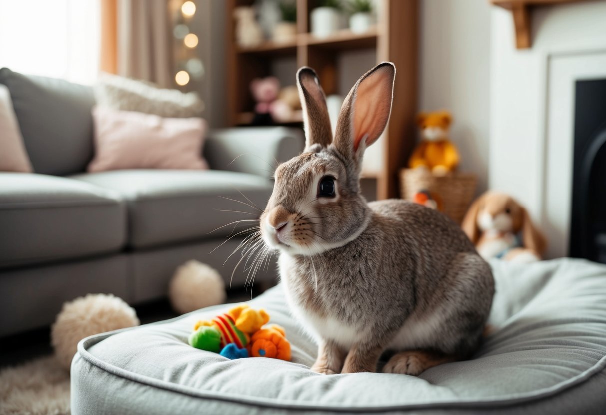 A rabbit sitting in a cozy, well-decorated home, surrounded by toys and a comfortable bed
