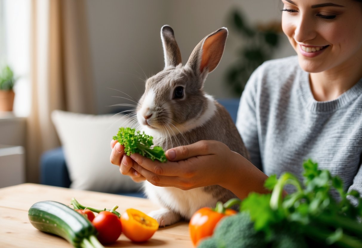 A person gently holding a rabbit and feeding it fresh vegetables in a cozy, well-lit room