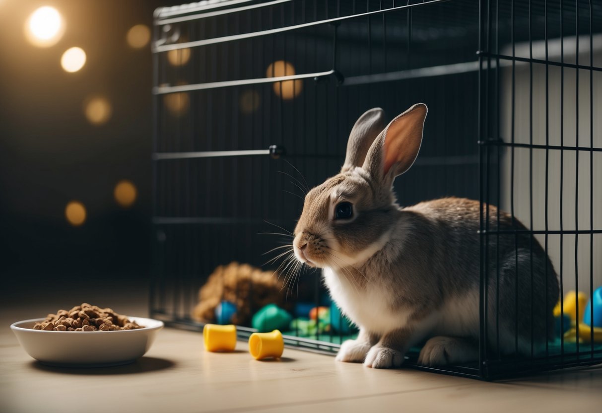 A sad rabbit sitting alone in a dimly lit cage, with drooping ears and a hunched posture, surrounded by untouched food and toys