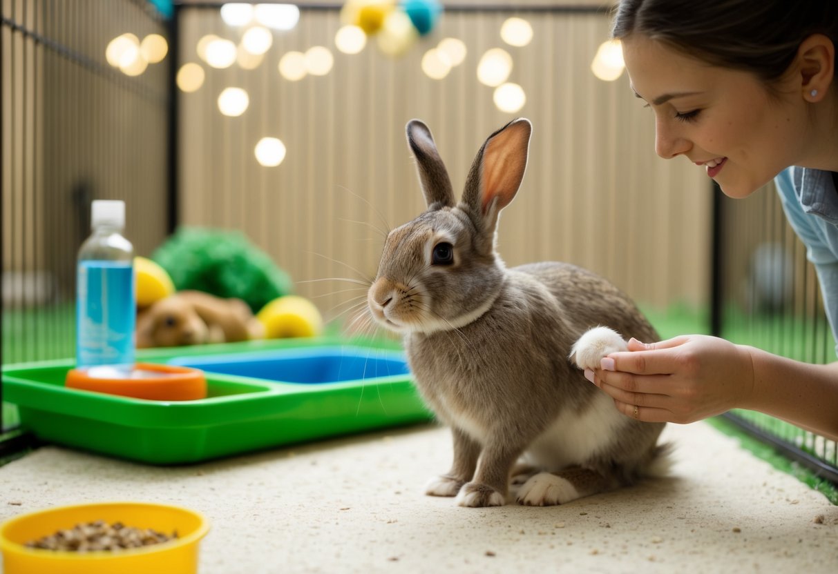 A rabbit sitting in a spacious, well-equipped enclosure with food, water, and toys, while a person gently grooms and interacts with it