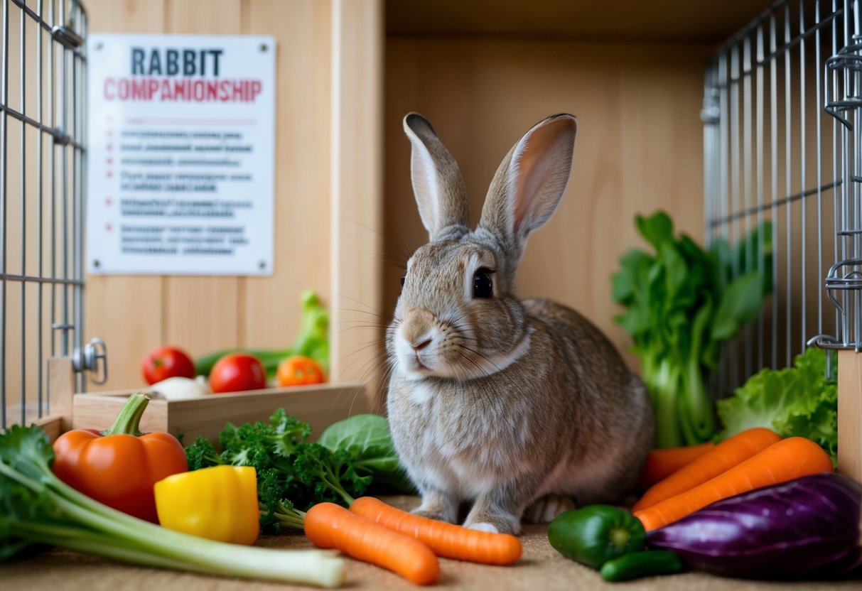 A rabbit sits in a cozy indoor enclosure, surrounded by toys and fresh vegetables. A sign on the wall lists the advantages and challenges of rabbit companionship