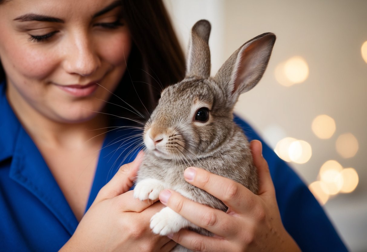 A person gently holding and cuddling a rabbit, showing proper handling technique