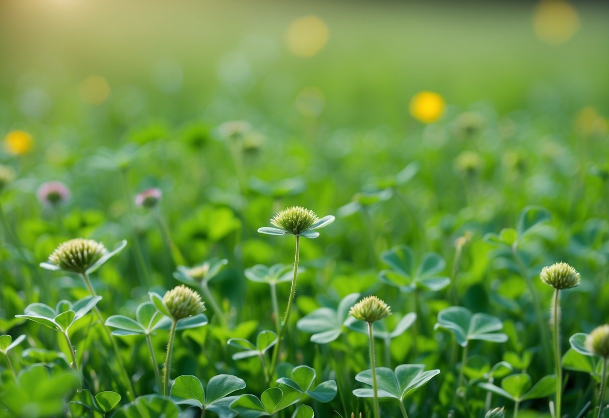 A field of fresh green clover and wildflowers, with a gentle breeze carrying the scent of sweet grass and earth