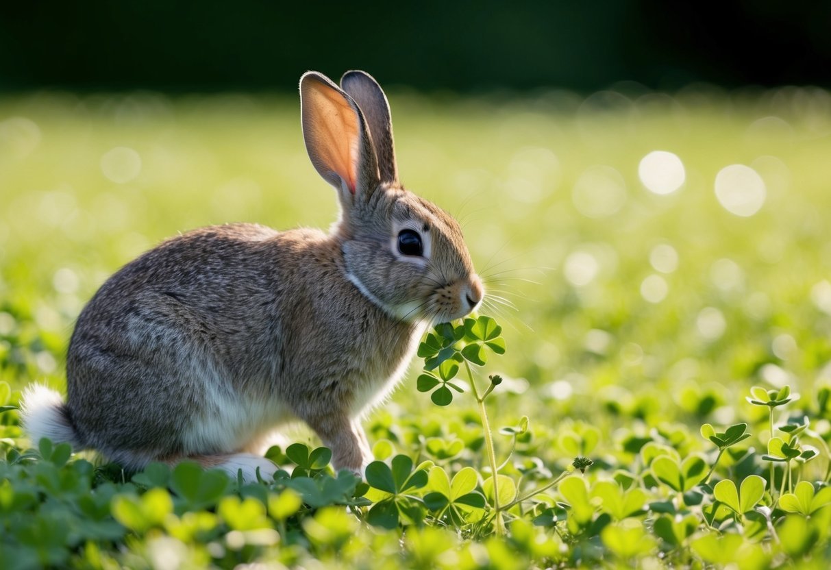 A rabbit sniffing a fragrant patch of clover in a sun-dappled meadow