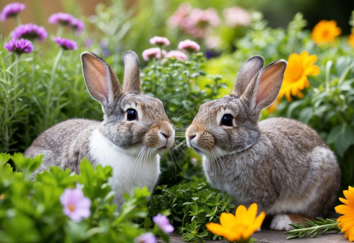 Rabbits surrounded by fresh herbs and flowers, their noses twitching with delight