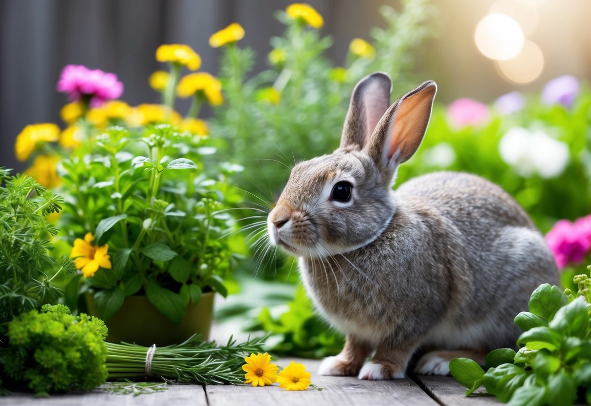 A rabbit surrounded by fresh herbs and flowers, sniffing the air with curiosity and contentment
