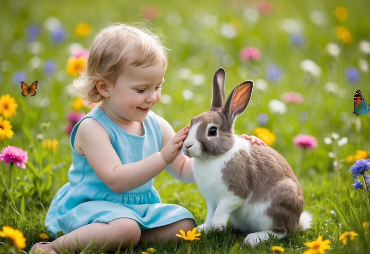 A child and a bunny sitting together in a grassy meadow, surrounded by colorful flowers and butterflies. The child is gently petting the bunny’s soft fur, both with happy expressions