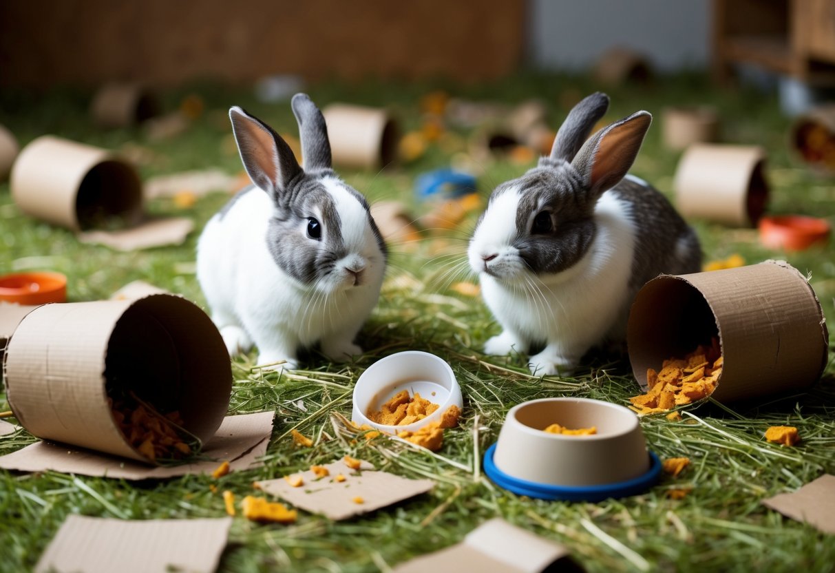 Two bunnies surrounded by scattered hay and chewed-up cardboard, with overturned food bowls and scattered bedding
