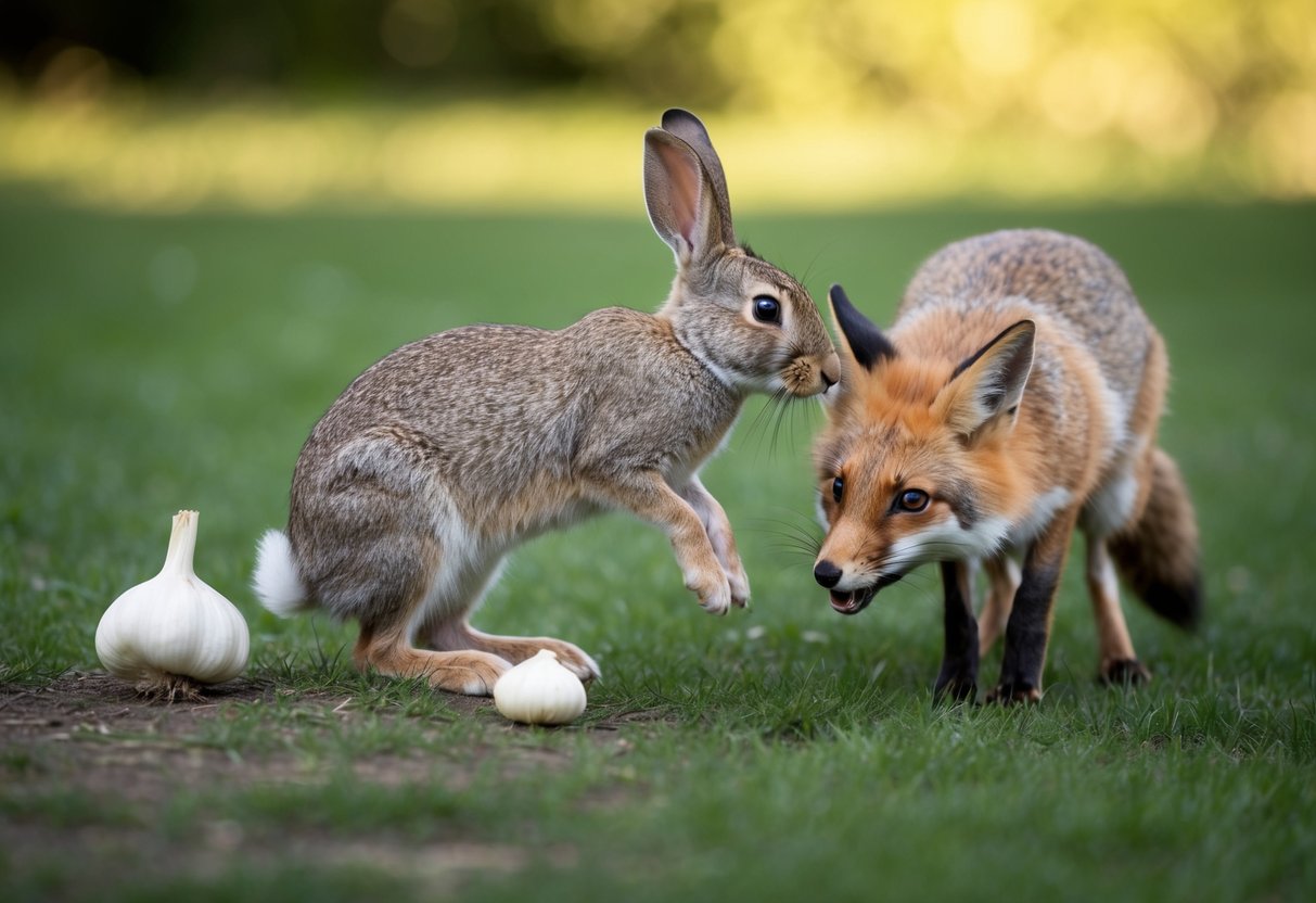 A rabbit recoiling from the scent of garlic while cautiously eyeing a lurking fox