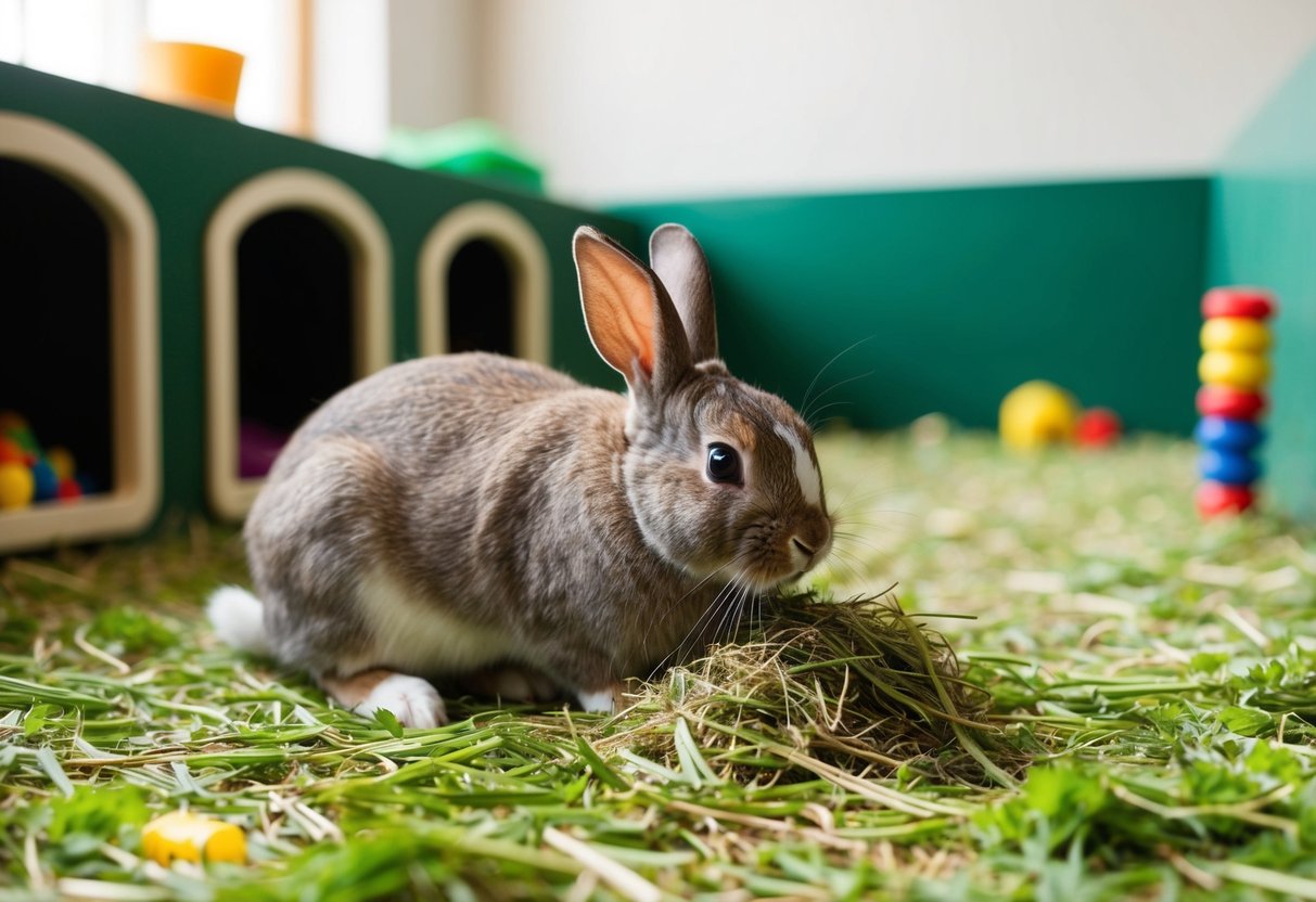 A rabbit nibbles on hay in a spacious, clean enclosure with hiding spots and toys. The area is well-lit and free of clutter