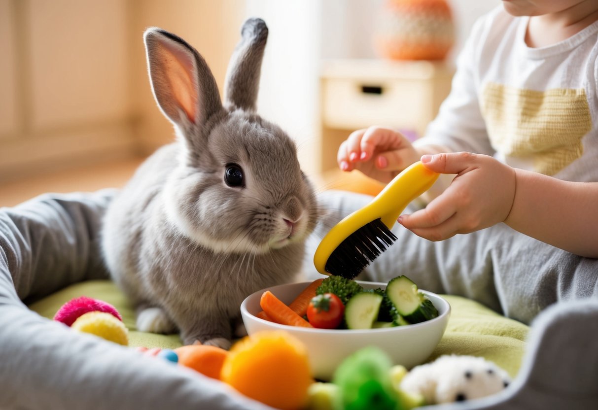 A child gently brushes a fluffy bunny’s fur, while a small hand offers a bowl of fresh vegetables. The bunny nibbles contentedly, surrounded by toys and a cozy bed