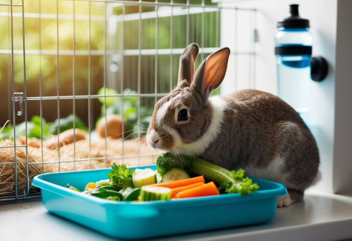 A rabbit eating fresh vegetables and hay from a clean, organized feeding area with a water bottle attached to the side of the cage