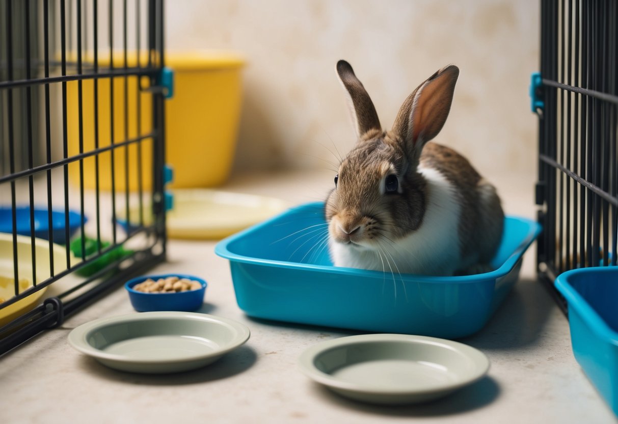 A bored rabbit in a small cage, surrounded by empty food and water dishes, with no toys or enrichment items