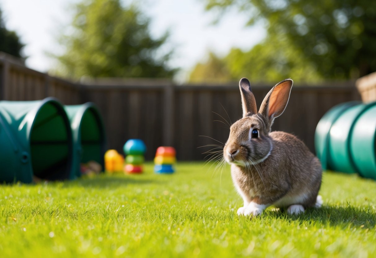 A rabbit hops around a spacious outdoor enclosure, exploring tunnels, nibbling on fresh grass, and playing with toys