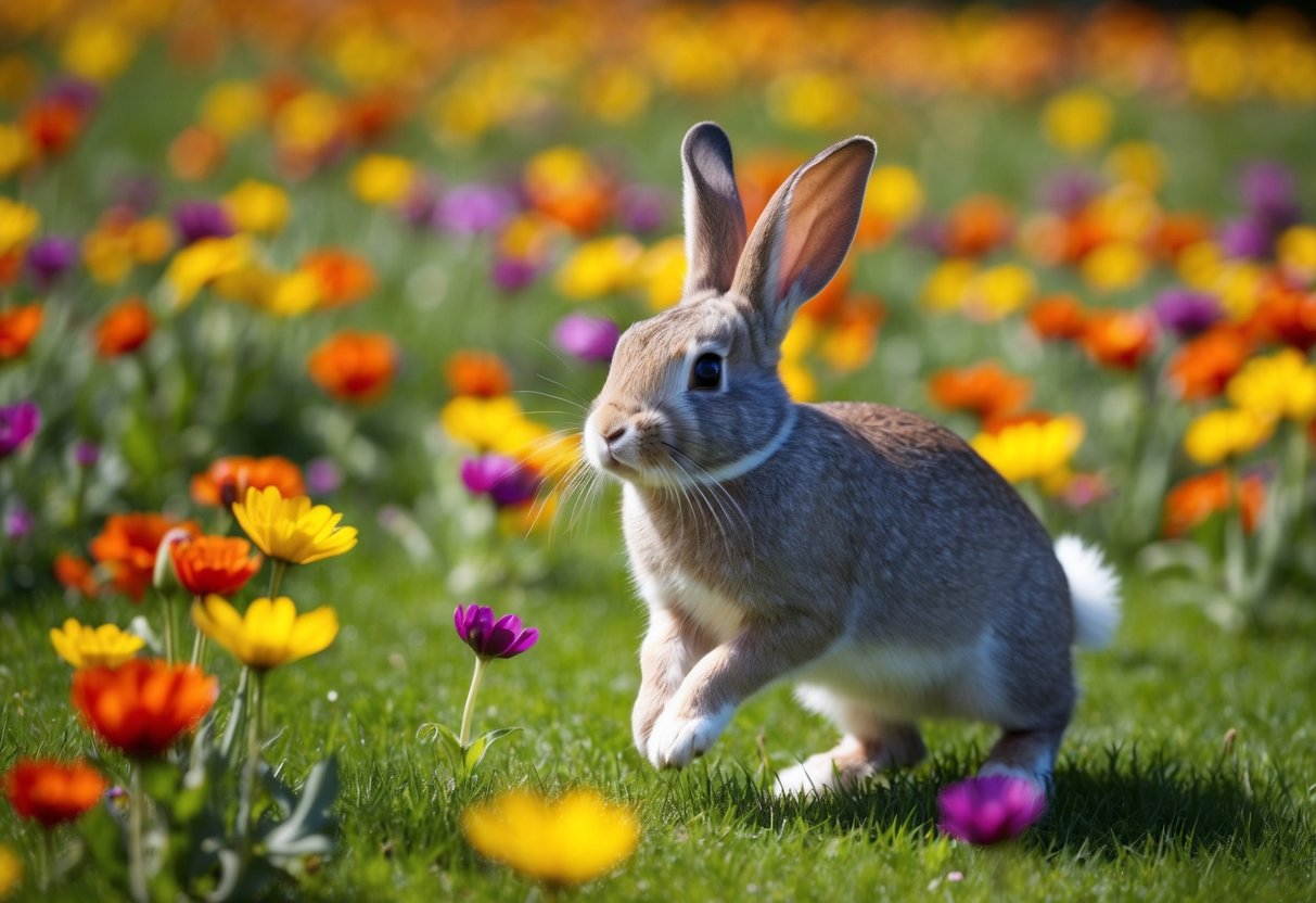 A bunny hopping through a field of colorful flowers