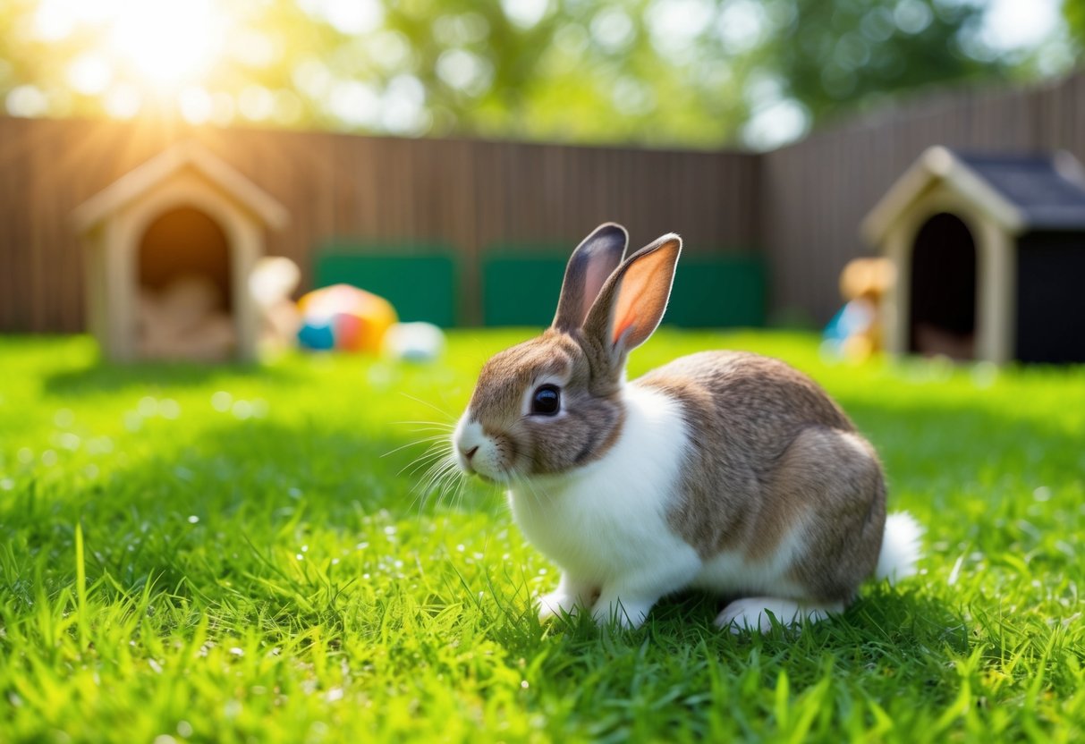 A bunny hops and nibbles on fresh green grass in a spacious, sunlit enclosure with plenty of hiding spots and toys