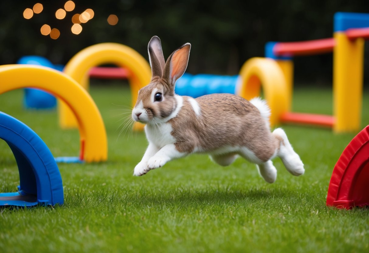 A bunny hopping through an obstacle course of tunnels and jumps