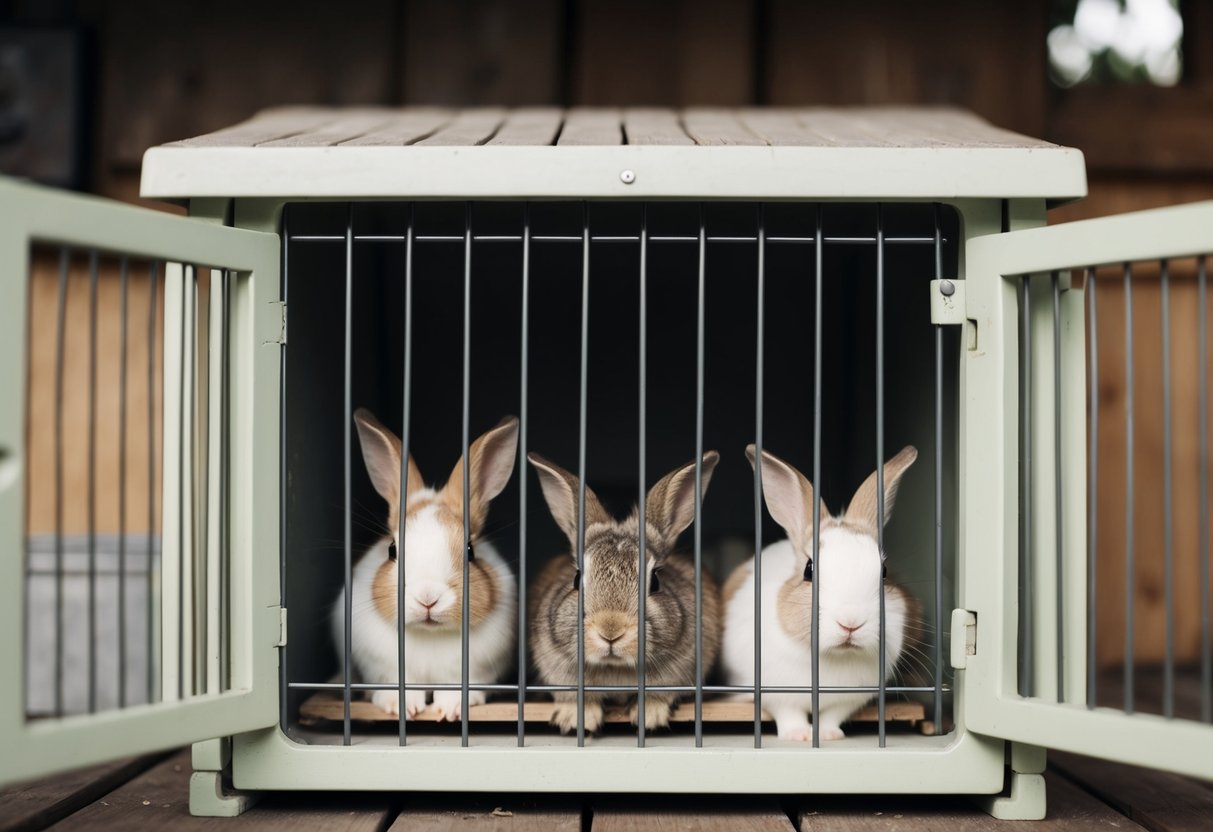 A small, cramped hutch with sad-looking rabbits inside. Bars prevent them from exploring
