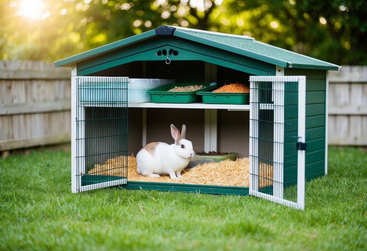A spacious outdoor rabbit hutch with ample bedding, food, and water. A secure enclosure with room for exercise and protection from predators