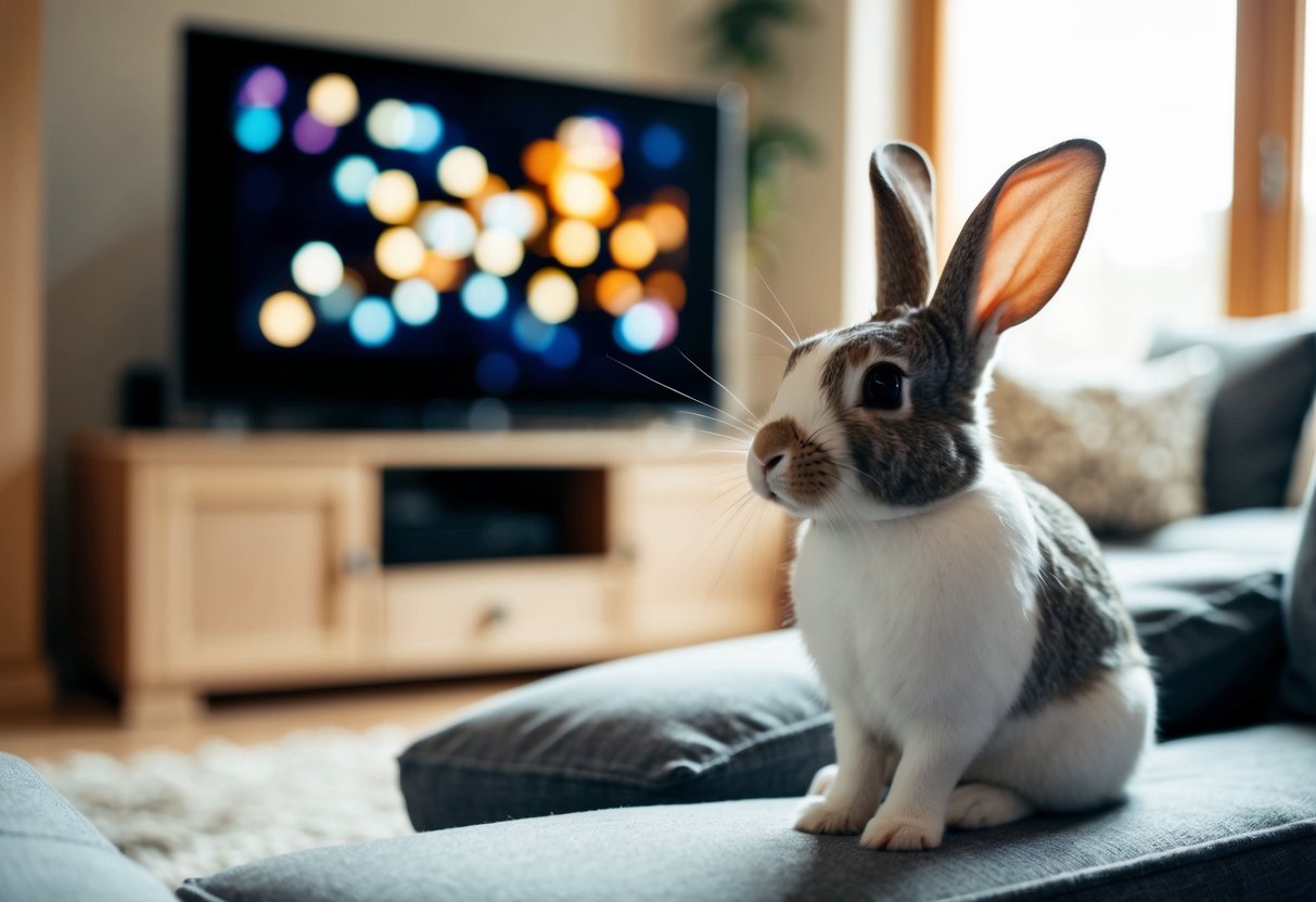 A cozy living room with a rabbit sitting in front of a TV, ears perked up and eyes focused on the screen