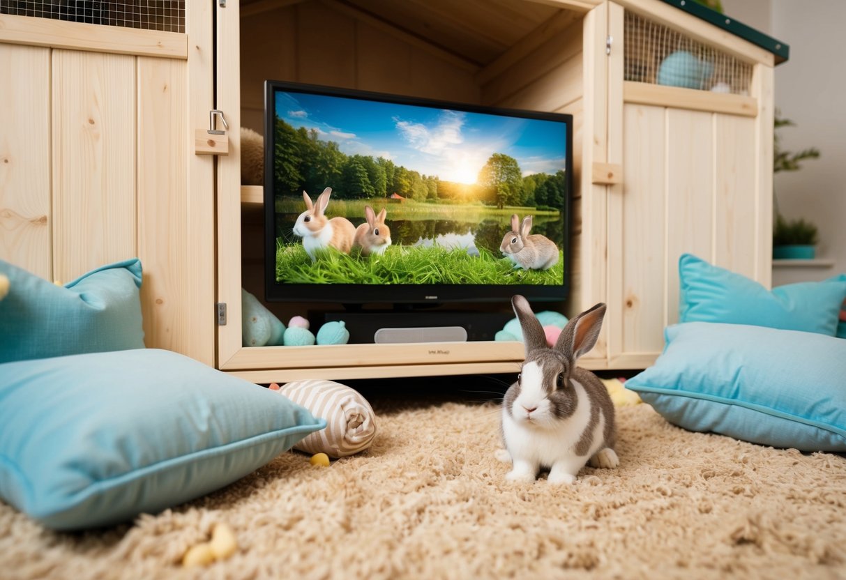 A cozy rabbit hutch with a large TV screen showing nature scenes and soothing music, surrounded by soft cushions and toys for the rabbit to enjoy