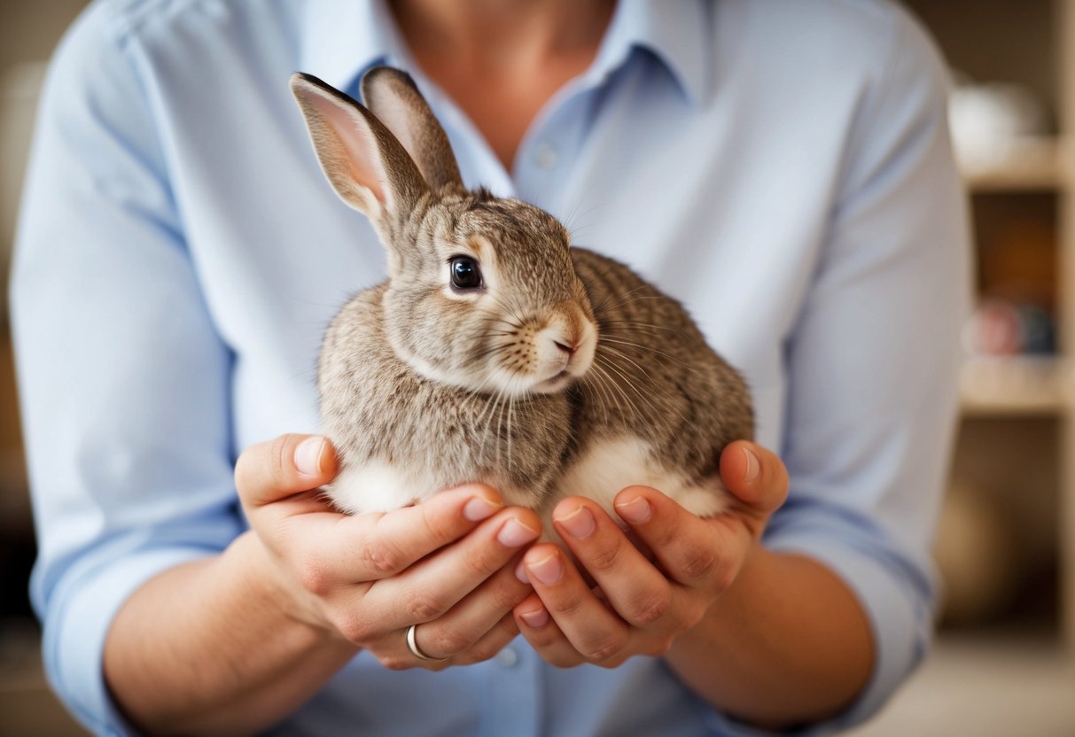 A rabbit being gently held and cradled by a pair of caring hands