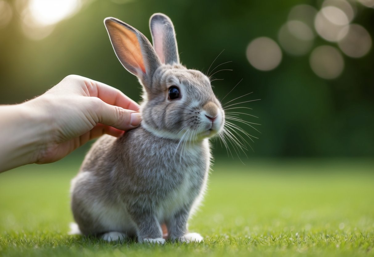 A bunny sits calmly, ears relaxed, as it nuzzles into a gentle, rhythmic petting motion