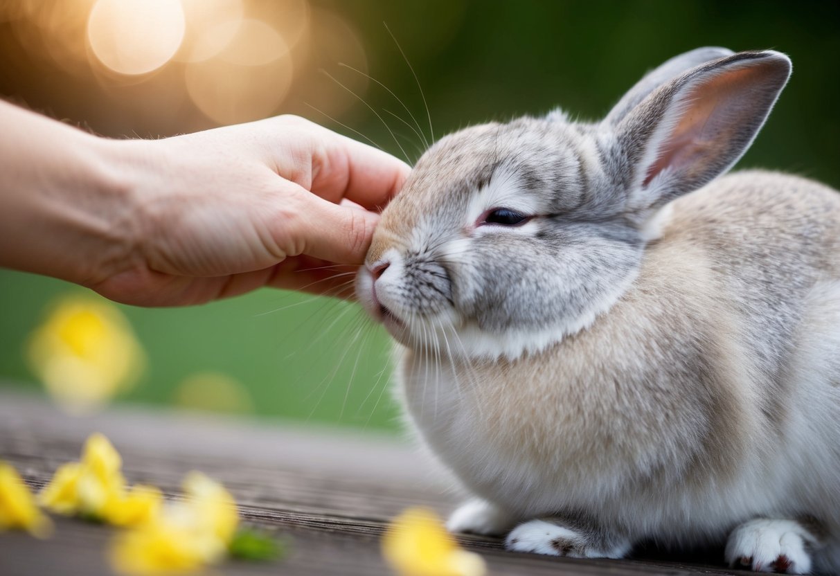 A bunny nuzzles into a gentle petting, eyes closed in contentment, as the person's hand strokes its soft fur
