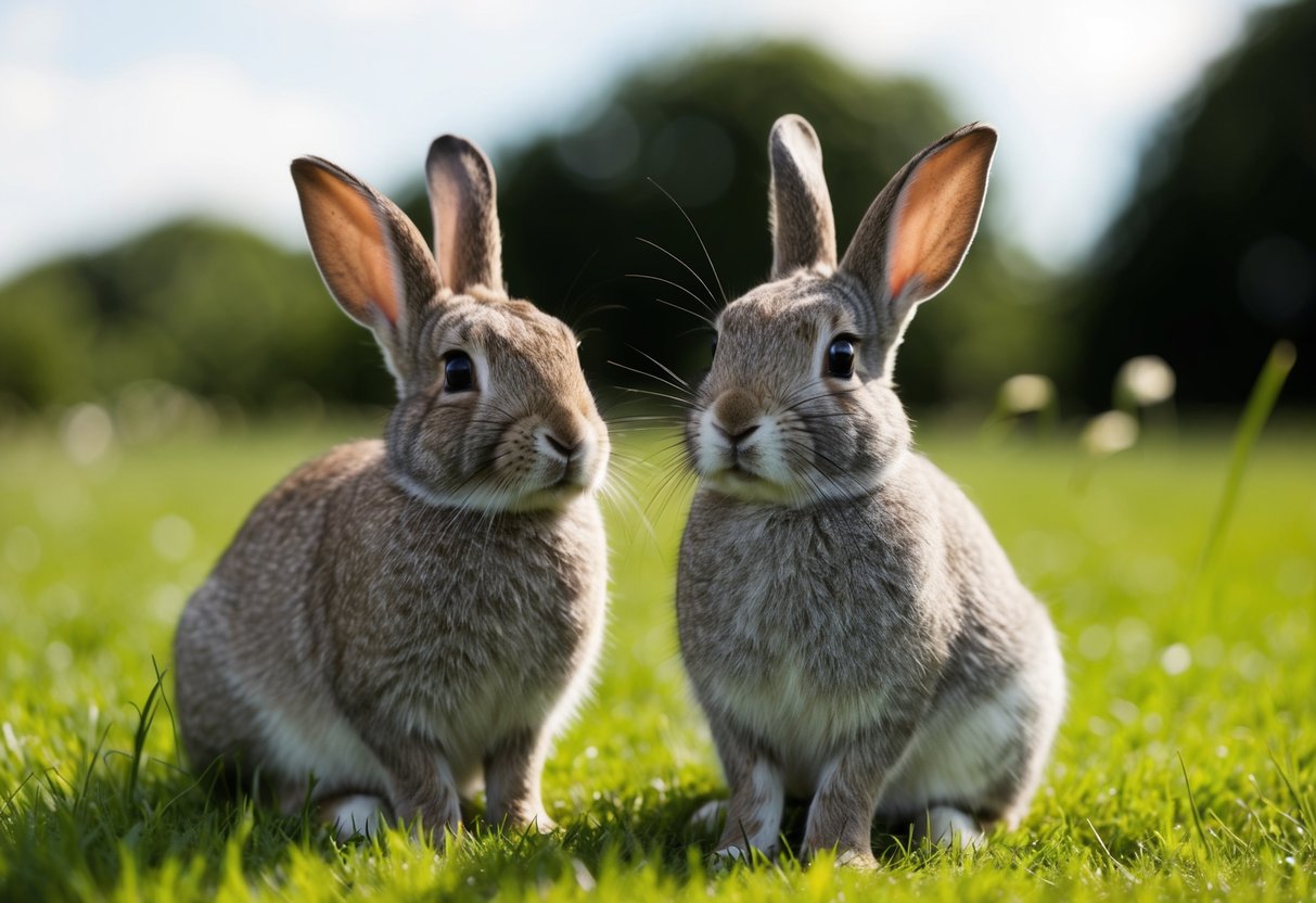 Two rabbits, one male and one female, sitting together in a grassy field