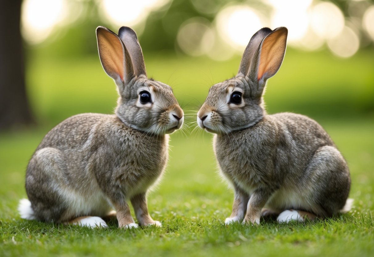 A male and female rabbit sit side by side, both with distinct reproductive characteristics, such as the male's larger size and the female's dewlap