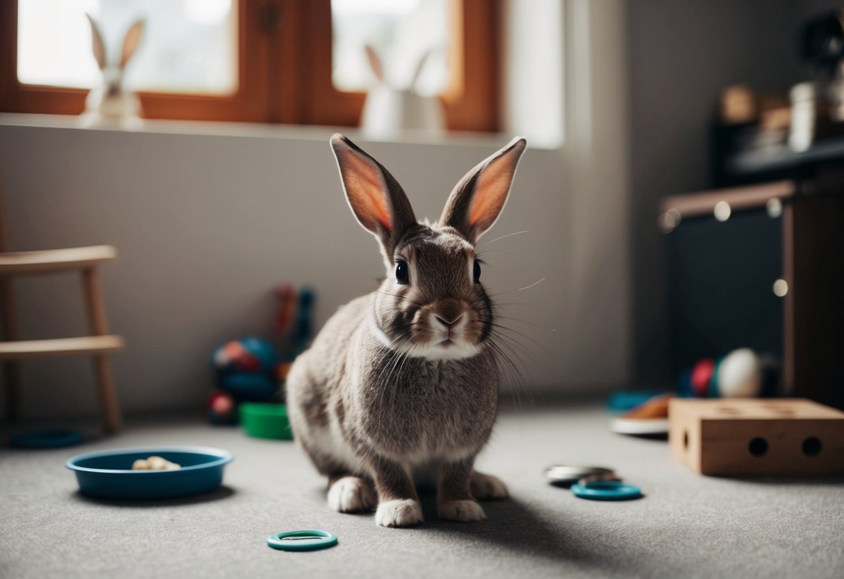 A rabbit sitting alone in a new environment, surrounded by familiar objects from its previous home, looking around with a sense of confusion and longing