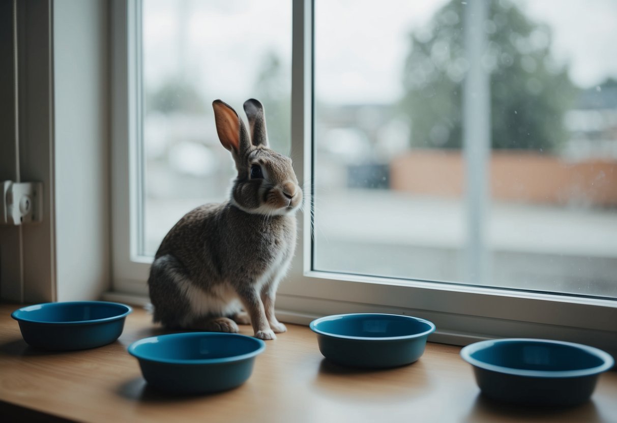 A rabbit sitting alone in a new environment, looking out the window with a sad expression, surrounded by empty food and water bowls