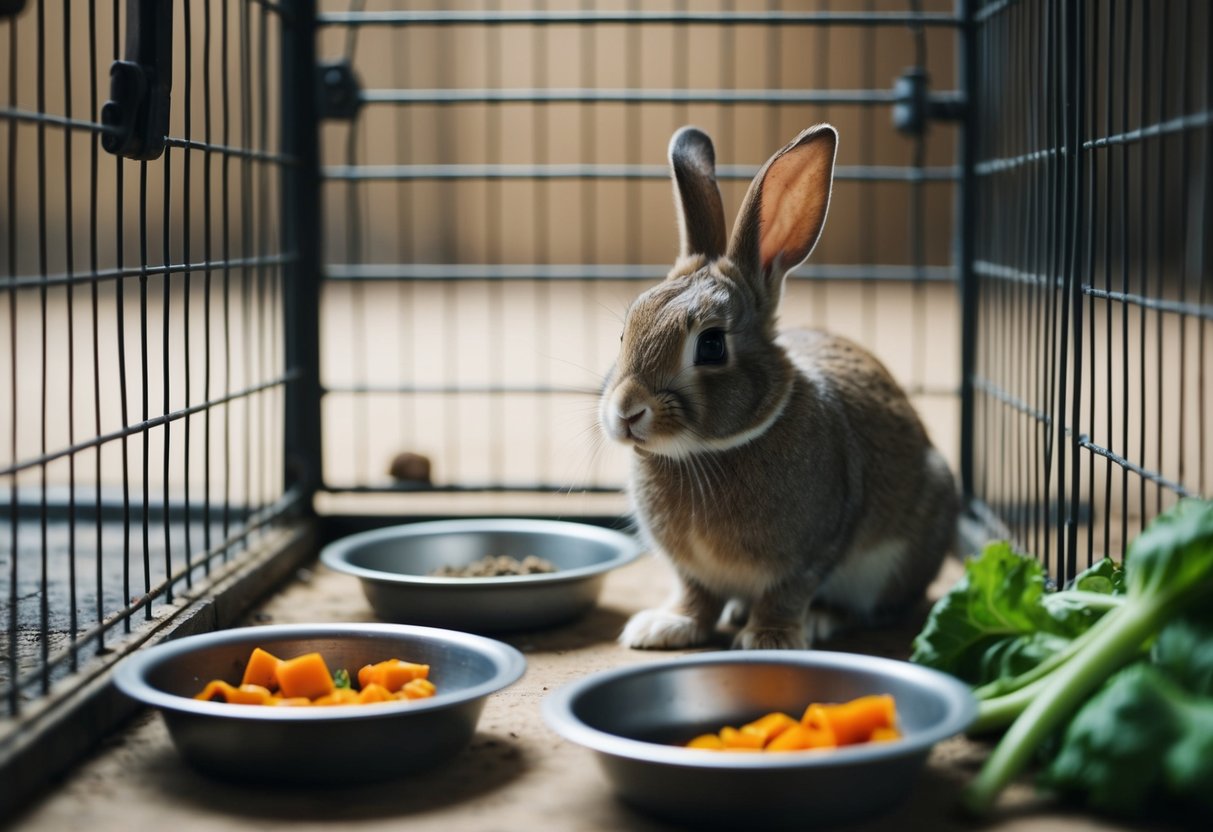 A hungry bunny sits alone in a cage, surrounded by empty food bowls and wilted vegetables