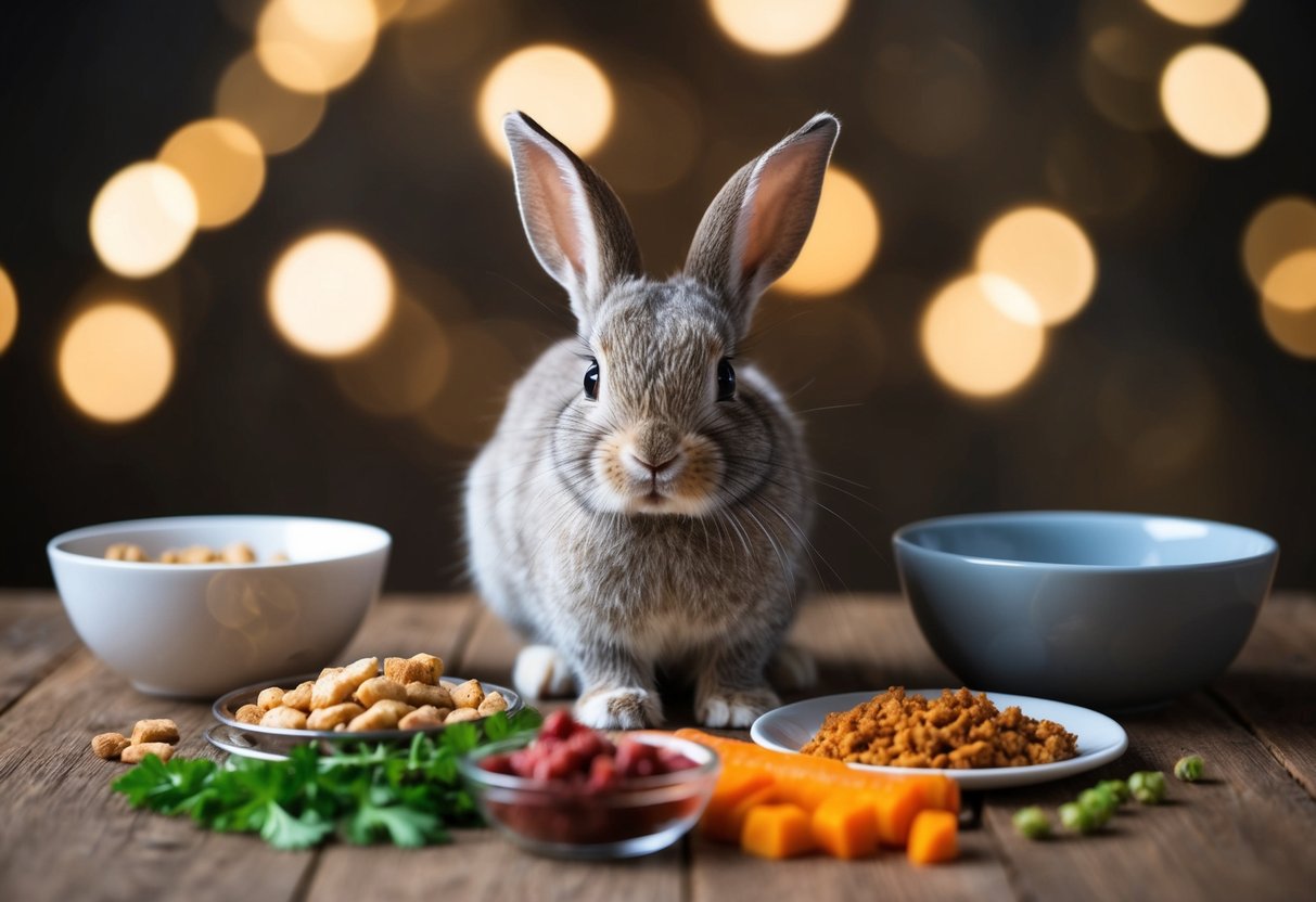 A young rabbit surrounded by various types of food, with an empty bowl nearby
