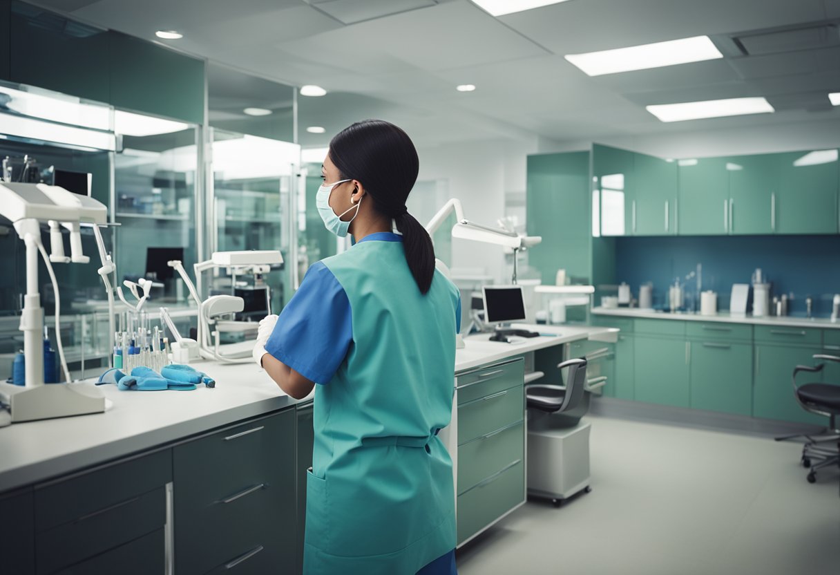 A dental assistant preparing tools and equipment in a clean, organized workspace