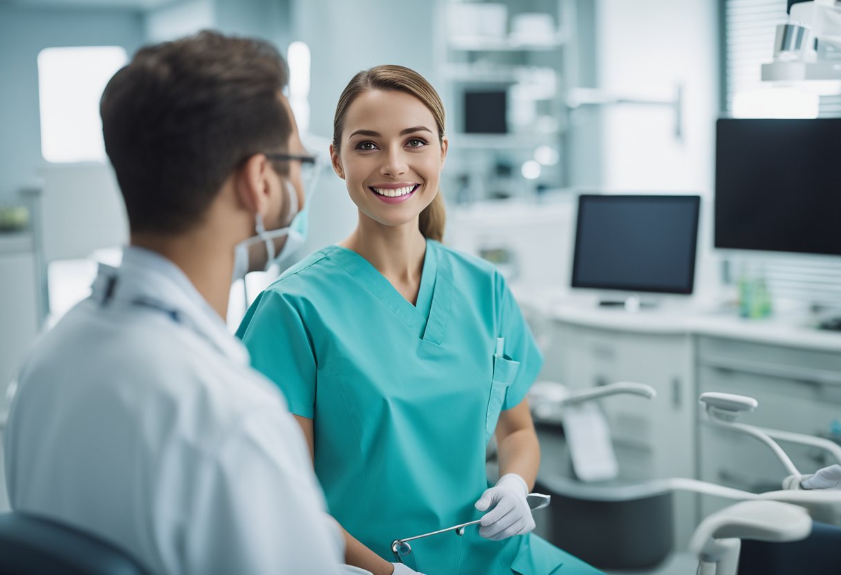 A dental assistant in uniform, working alongside a dentist, organizing tools and interacting with patients in a modern dental office