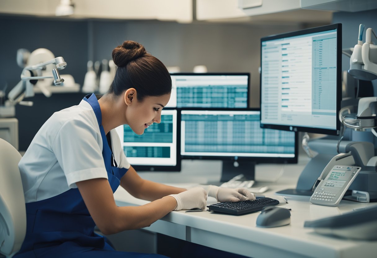 A dental assistant reviewing job listings and salary data on a computer, surrounded by dental tools and equipment