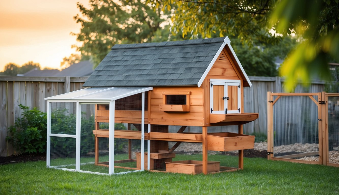 A backyard chicken coop with a sloped roof, nesting boxes, and a fenced-in outdoor area