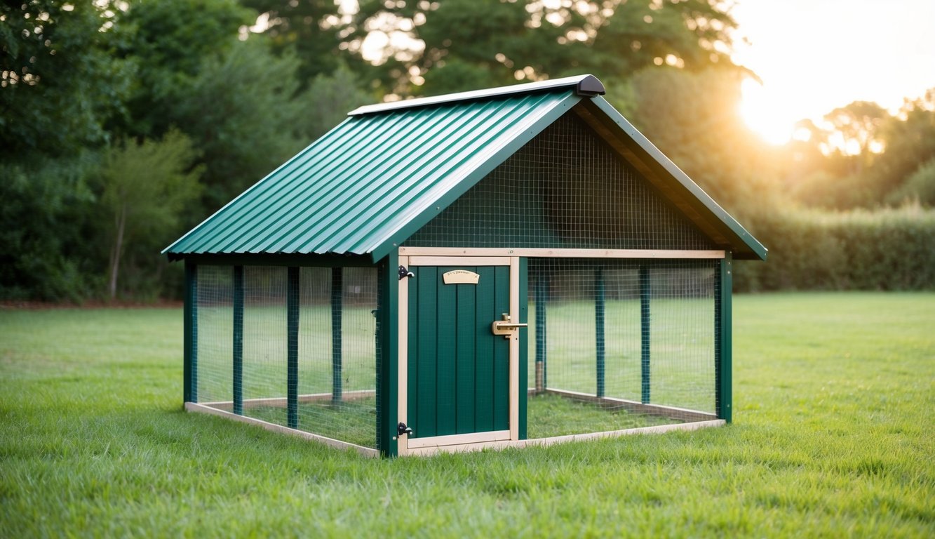 A sturdy, enclosed chicken coop with a locked door, reinforced wire mesh, and a sloped roof to prevent predators from entering