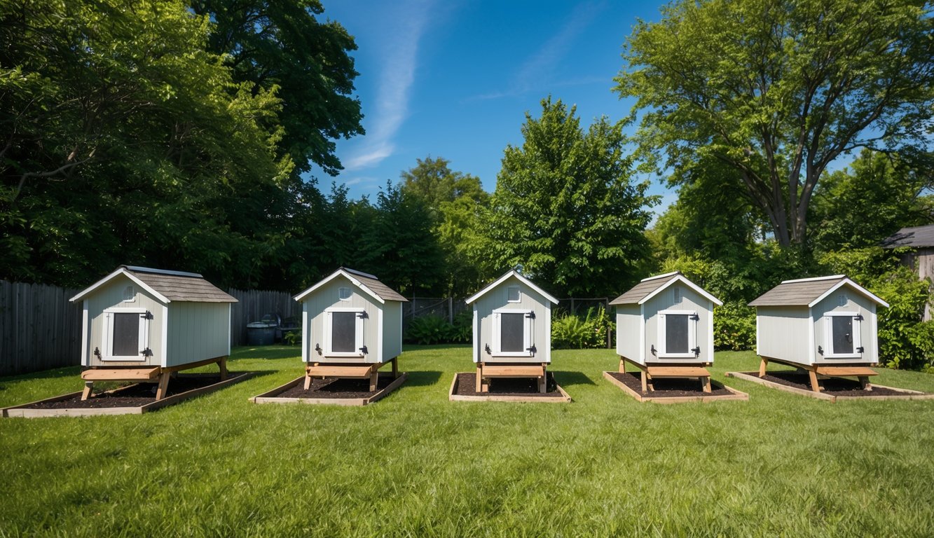 A backyard with multiple chicken coops, each with a small fenced-in area, surrounded by lush greenery and a clear blue sky