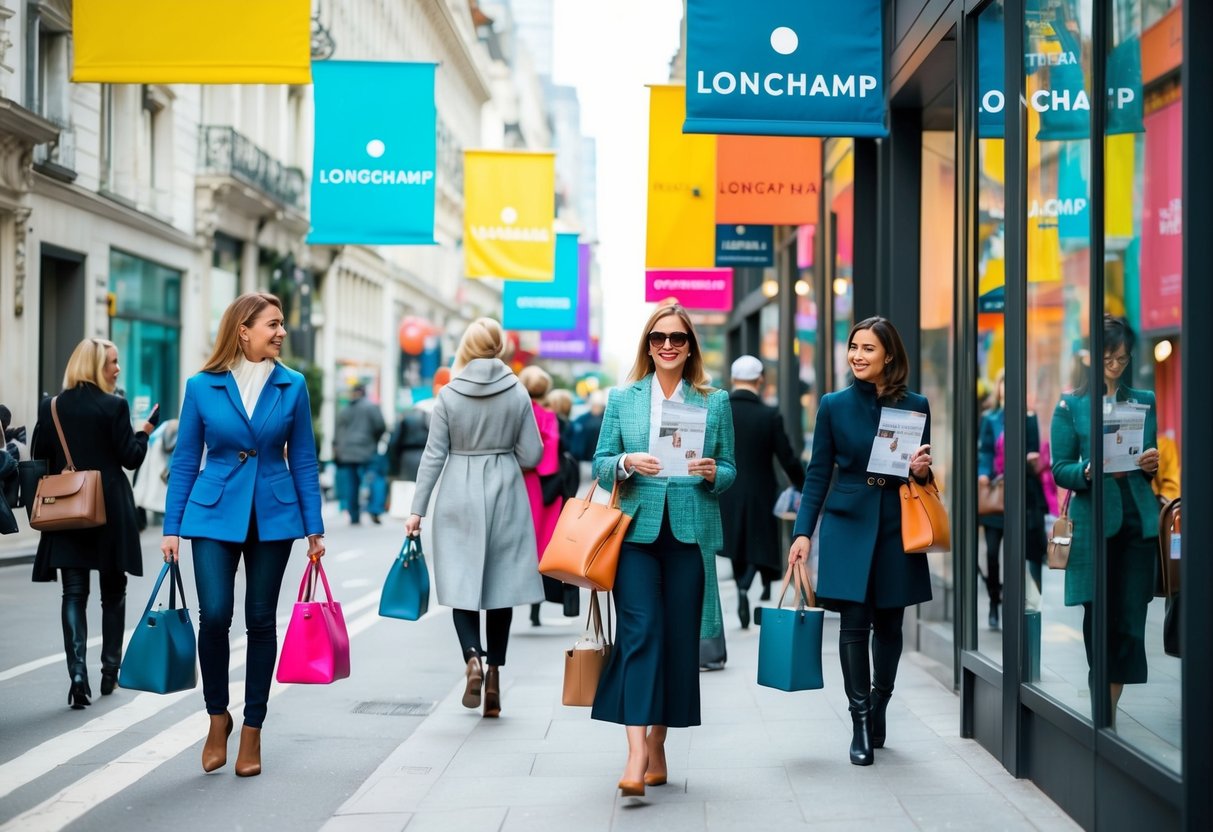 A busy city street with colorful banners and signs promoting Longchamp products. Shoppers carrying bags and salespeople handing out flyers