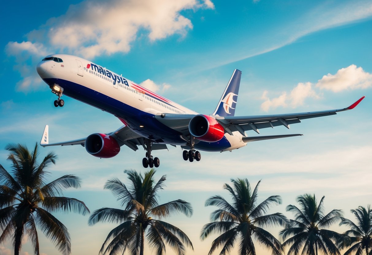 A vibrant airplane soaring over a tropical beach with palm trees, showcasing the excitement of booking Malaysia Airlines promotions