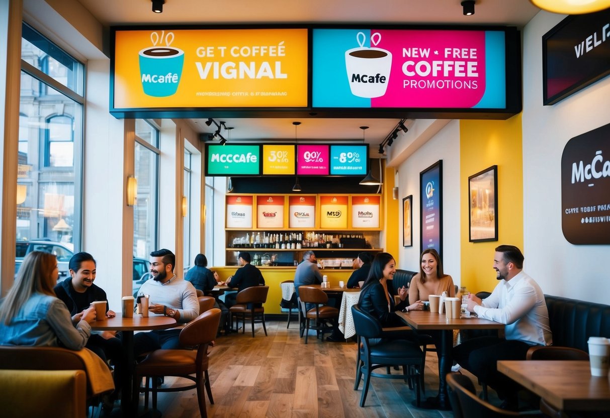 A vibrant coffee shop with colorful signage advertising McCafé deals and promotions. Customers enjoy their drinks at cozy tables