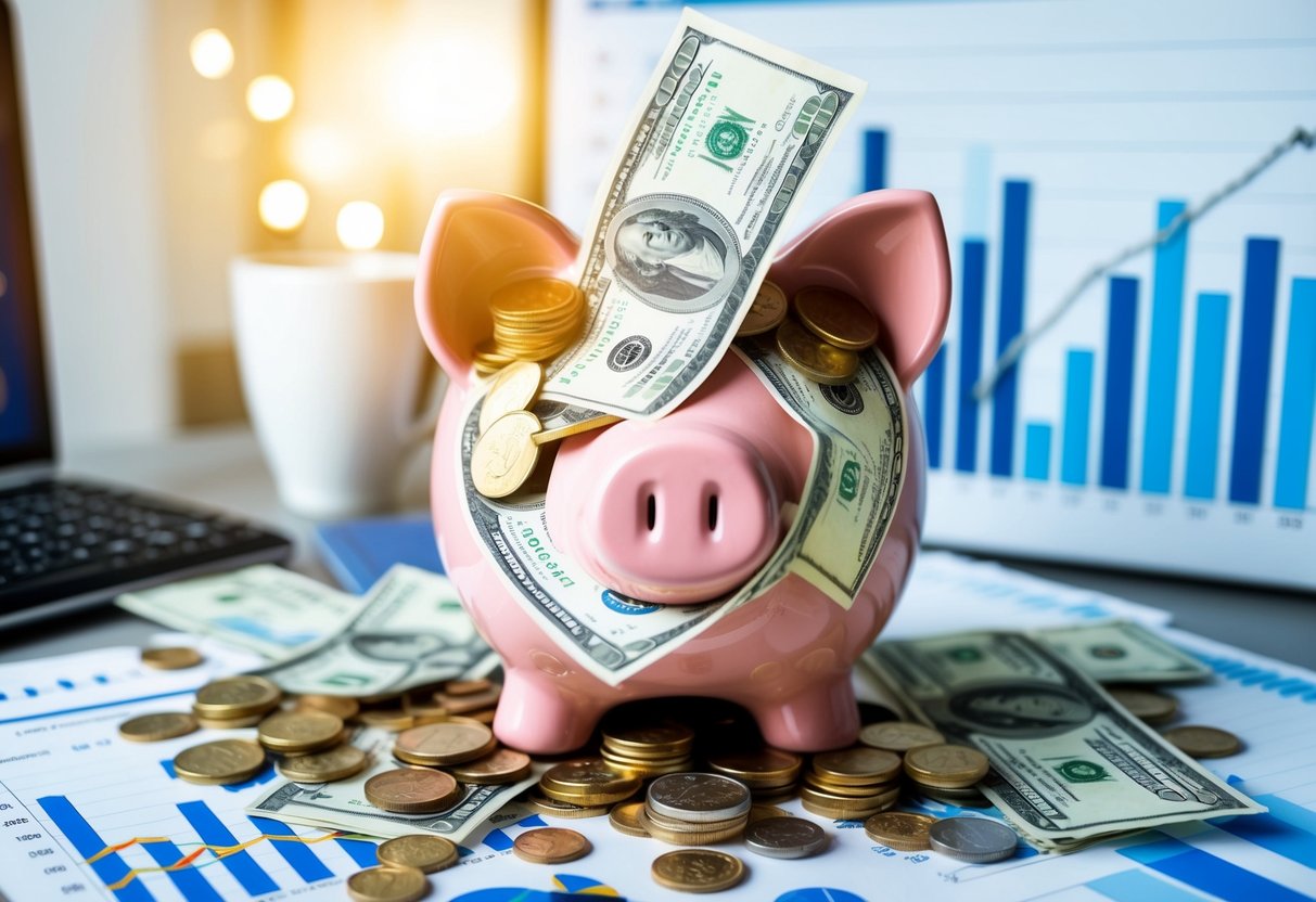 A piggy bank overflowing with coins and dollar bills, surrounded by financial charts and graphs