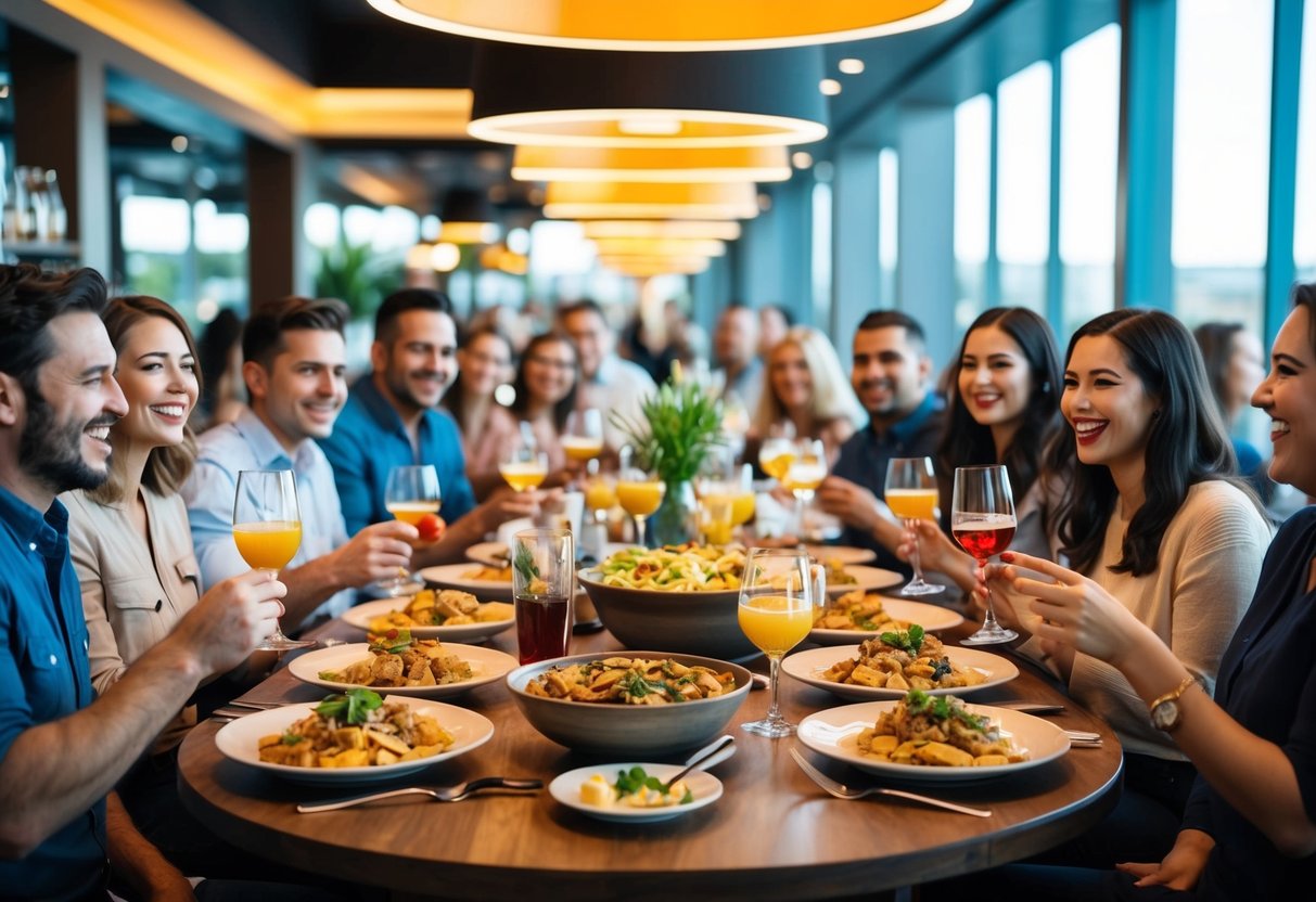 A table filled with mouthwatering dishes and drinks, surrounded by happy customers enjoying the lively atmosphere of Morganfield's promotions
