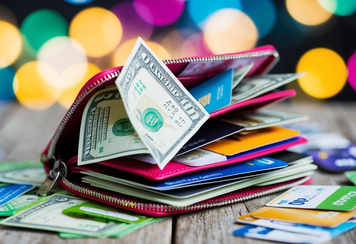 A pile of cash, gift cards, and coupons overflowing from a vibrant, open wallet