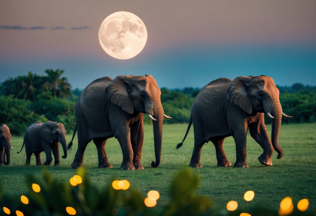 A family of elephants roam under the moonlit sky, surrounded by lush greenery and illuminated by soft, warm lights