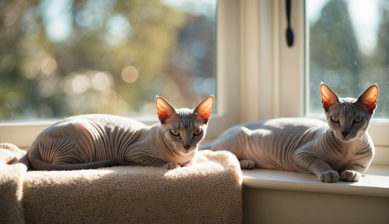 Two hairless cats lounging in a sunlit room, one curled up on a cozy blanket while the other stretches out on a windowsill