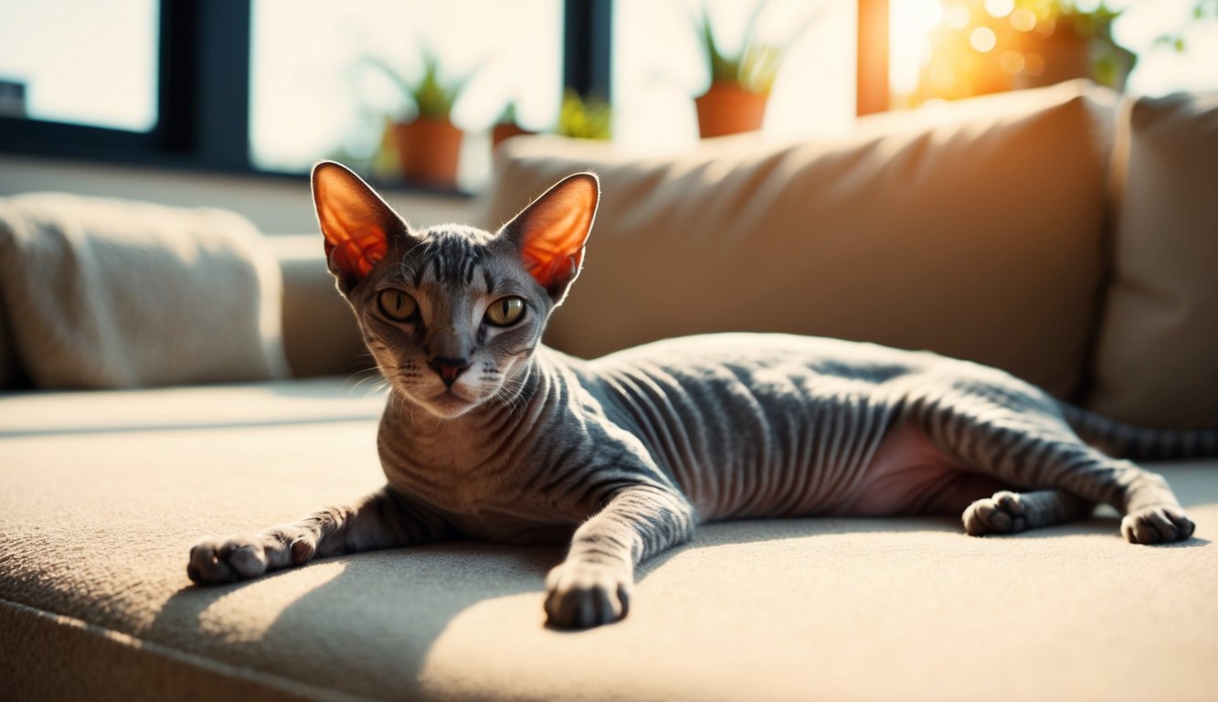A hairless cat lounges in a cozy sunlit room, its sleek body and unique features on display